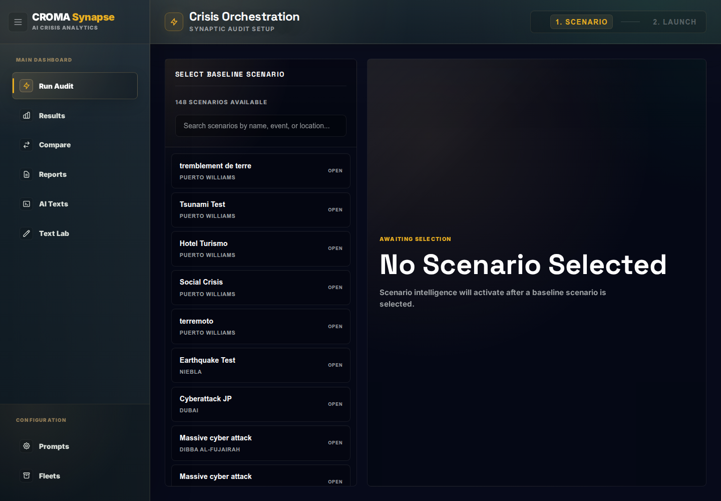 Interfaz de CROMA Synapse para selección y auditoría de escenarios
